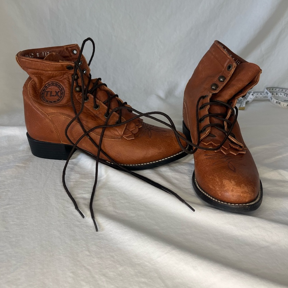 Western Tony Lama Tan Ol’ Buck Lace Up Tan Leather Ankle Boots Kiltie fringe ‘01 - Picture 3 of 16